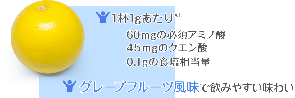 アミノチャージの良いところ！1杯1gあたり60mgの必須アミノ酸 45mgのクエン酸 45mgのナトリウム入り グレープフルーツ風味で飲みやすい味わい