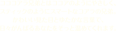 コココアラ兄弟とはココアのようにやさしく、スティックのようにスマートなコアラの兄弟。かわいい見た目とゆたかな言葉で、日々がんばるあなたをそっと温めてくれます。