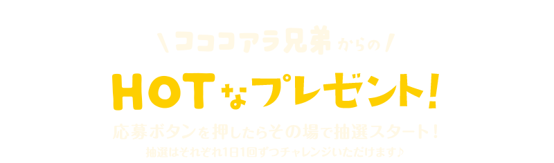 コココアラ兄弟からのHOTなプレゼント！応募ボタンを押したらその場で抽選スタート！抽選はそれぞれ1日1回ずつチャレンジいただけます♪