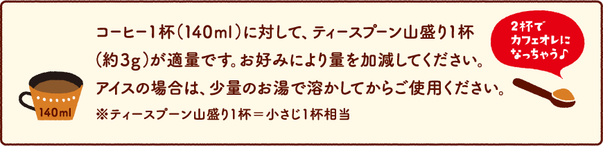 コーヒー1杯（140ml）に対して、ティースプーン山盛り1杯（約3g）が適量です。お好みにより量を加減してください。アイスの場合は、少量のお湯で溶かしてからご使用ください。※ティースプーン山盛り1杯＝小さじ1杯相当　2杯でカフェオレになっちゃう♪