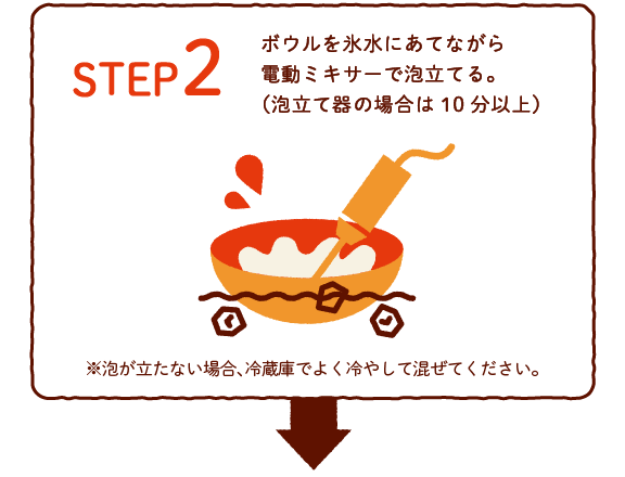 STEP 2　ボウルを氷水にあてながら電動ミキサーで泡立てる。（泡立て器の場合は10分以上）※泡が立たない場合、冷蔵庫でよく冷やして混ぜてください。