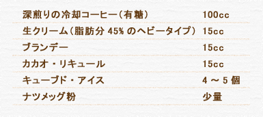 深煎りの冷却コーヒー（有糖） 100cc 生クリーム（脂肪分45%のヘビータイプ） 15cc ブランデー 15cc カカオ・リキュール 15cc キューブド・アイス 4～5個 ナツメッグ粉 少量